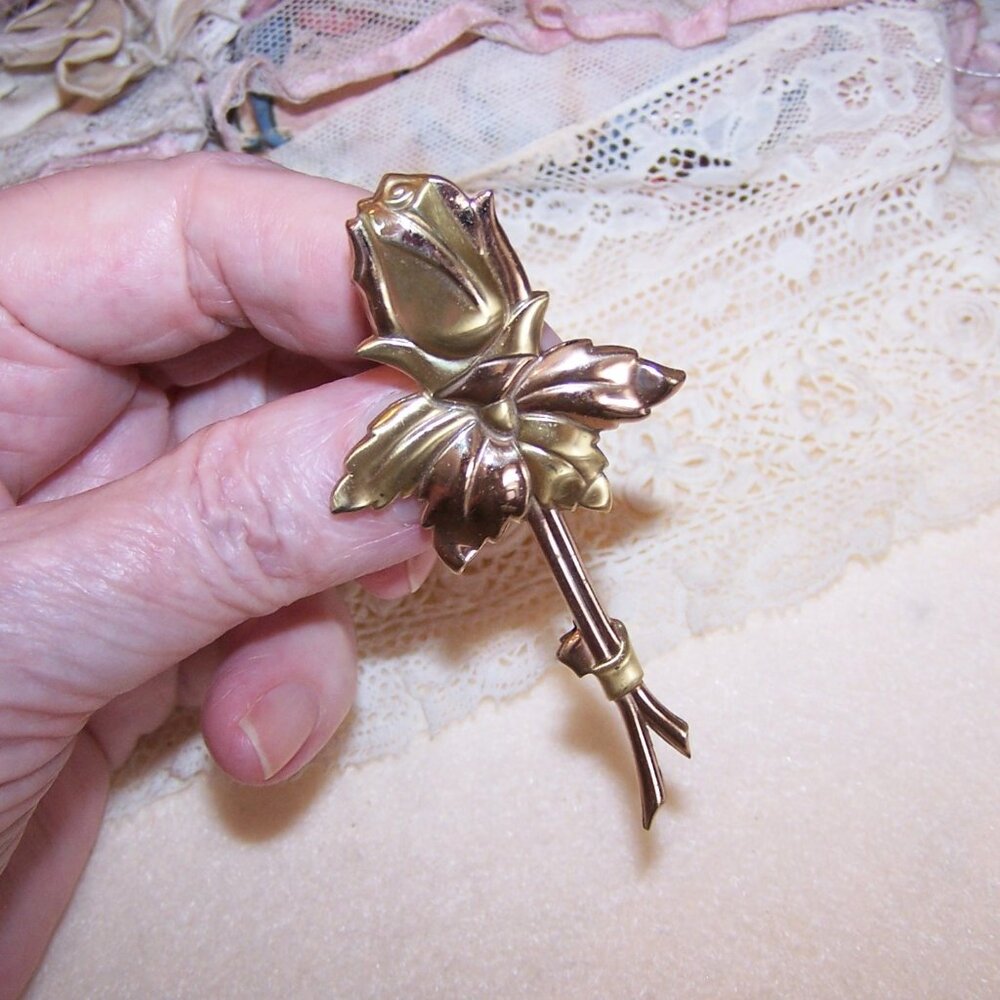 Sterling Silver Yellow Gold Vermeil Pin - Single Floral Long Stemmed Rose